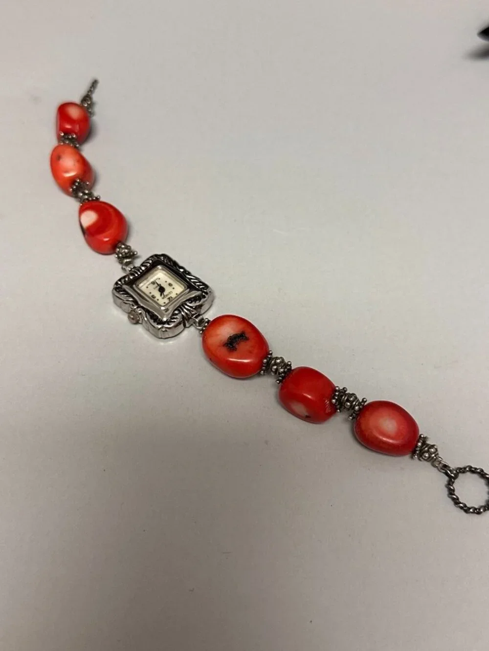 Geneva Watch Women Silver Tone Red Chunky Coral Beads Sterling Clasp Works